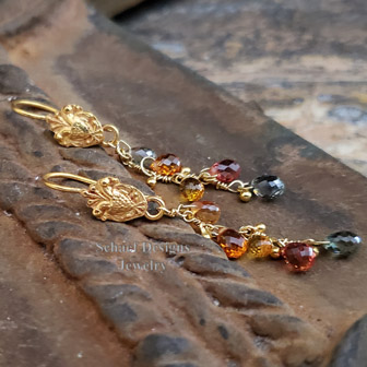 Schaef Designs Padparadscha & Songea Sapphire briolette and 18kt solid gold dangle earrings | Arizona 