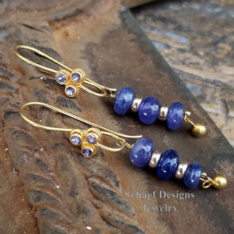 Schaef Designs 14kt and 18kt gold & tanzanite drop french wire earrings. 