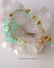 Gorgeous Aqua Chalcedony Briolette, Prasiolite Green Amethyst, and prehnite nuggets with 24kt Gold Vermeil Ornate Toggle Closure Gemstone Bracelet | Schaef Designs | Gemstone Bracelet