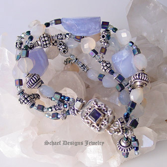 Blue Chalcedony irridescent glass and sterling silver gemstone bracelet with Iolite Clasp | online jewelry boutique | Schaef Designs artisan handcrafted gemstone jewelry | San Diego, CA