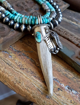 Schaef Designs Deer Antler tine, rich deep blue high grade Apache Blue Turquoise & sterling silver feathers Southwestern Pendant | Arizona