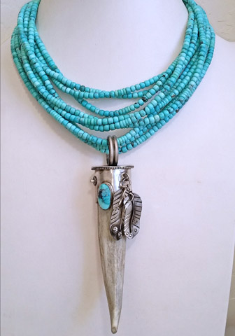 Schaef Designs Deer Antler tine, rich deep blue high grade Apache Blue Turquoise & sterling silver feathers Southwestern Pendant | Arizona