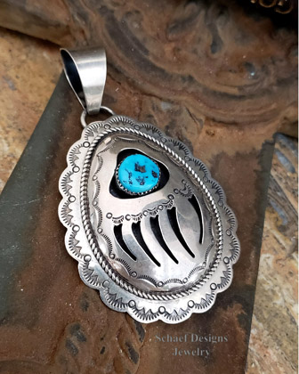 Southwestern Sterling Silver recessed shadowbox cut out bear paw & turquoise pendant | Schaef Designs | Arizona 