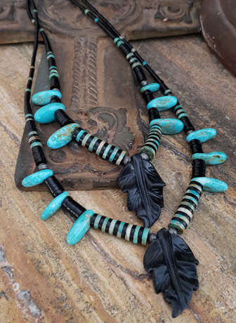 Schaef Designs Carved Leaf Kingman Turquoise Tabs & Jet Heishi Double Strand Necklace  | Arizona 