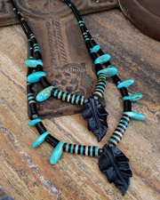 Schaef Designs Black Leaf Kingman Turquoise Tab Heishi Necklace | Arizona