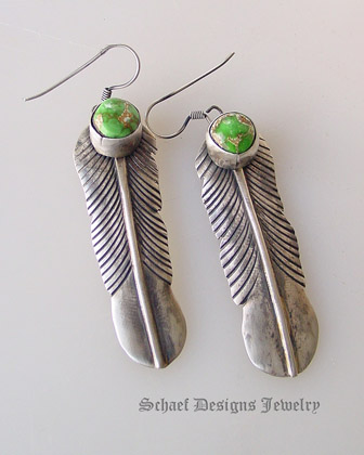  Green Carico Lake & sterling silver native american artist signed feather earrings | Schaef Designs artisan handcrafted Southwestern, Native American & Equine Jewelry | Online upscale southwestern equine jewelry boutique gallery | New Mexico