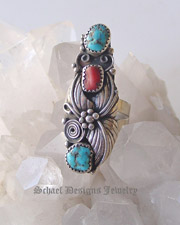 Artist Signed Mediterranean Coral turquoise & Sterling silver long old pawn ring | Schaef Designs Southwestern & Equine Jewelry | Online upscale collectible native american southwestern equine jewelry boutique gallery | New Mexico 