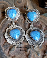 Schaef Designs Denim Lapis & Stamped Sterling Silver Double Heart Southwestern POST Earrings | Arizona