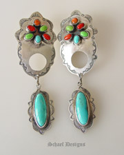 Gorgeous Desert Flower Dangle Earrings with Multi Stones | coral orange spiny oyster shell turquoise gaspeite | Rocki Gorman Jewelry | Schaef Designs | New Mexico  | American Indian Handcrafted Jewelry | Southwestern Jewelry 