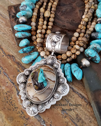 Schaef Designs Turquoise Frog on Picture Jasper & Sterling Silver Southwestern totem animal pendant | New Mexico