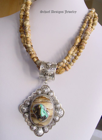 Schaef Designs Turquoise Frog on Picture Jasper & Sterling Silver Southwestern totem animal pendant | New Mexico