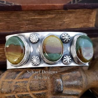 Schaef Designs Green Jasper 3 Stone & Stamped Sterling Silver Southwestern Cuff Bracelet | Arizona 