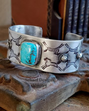Schaef Designs Indian Pony Stamped Sterling Silver & Nacosari Turquoise Old Style Cuff Bracelet | Arizona 