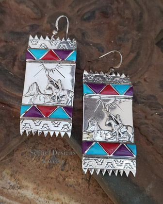 Artist signed Native American Zuni sugilite, turquoise, coral & sterling silver indian rug earrings | Schaef Designs | Arizona