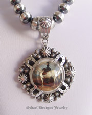 Schaef Designs Lady on Horseback Bridle Rosette & Sterling silver pendant | Schaef Designs artisan handcrafted Southwestern, Native American & Equine Jewelry | Online upscale southwestern equine jewelry boutique gallery | New Mexico