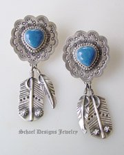 Schaef Designs Denim Lapis & sterling silver heart earrings with feathers | Upscale online Southwestern, Equine, & Native American Jewelry Gallery Boutique | Schaef Designs Jewelry | New Mexico
