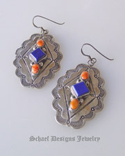 Vintage Pawn Lapis, Orange Spiny Oyster shell, & sterling silver diamond concho wire Earrings | Native American Turquoise online Jewelry Gallery | Schaef Designs Collectible artisan handcrafted Southwestern & Equine Jewelry | New Mexico