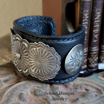   Dark brown leather & sterling silver concho cuff bracelet | Schaef Designs | Arizona
