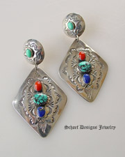 Old Pawn diamond concho & lapis turquoies coral multi stone post Earrings | | online upscale Southwestern Native American Equine jewelry gallery boutique | Schaef Designs artisan handcrafted Jewelry | New Mexico 