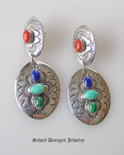 Multi stone turquoise, lapis, coral, & malachite Wilbert Scatero concho post Earrings | | online upscale Southwestern Native American Equine jewelry gallery boutique | Schaef Designs artisan handcrafted Jewelry | New Mexico 