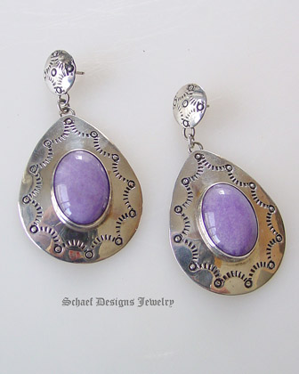 Nakai purple lavendar & sterling silver concho dangle post earrings | | online upscale Southwestern Native American Equine jewelry gallery boutique | Schaef Designs artisan handcrafted Jewelry | San Diego CA