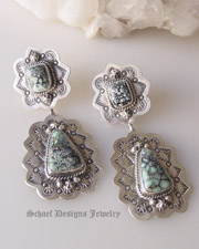Schaef Designs artist signed New Lander Turquoise & Sterling silver double post earrings| Collectible Native American Turquoise online Jewelry gallery | Schaef Designs Collectible artisan handcrafted Southwestern & Equine Jewelry |New Mexico 