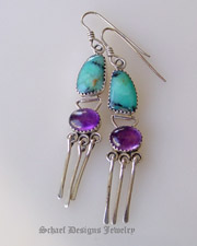 Deep turquoise Peruvian Opal, Amethyst & Sterling Silver artist signed wire earrings | Native Amercian artist signed Online Upscale Turquoise Jewelry boutique | Schaef Designs Turquoise  Jewelry | New Mexico