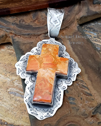 Schaef Designs orange apple coral & sterling silver cross southwestern pendant | Arizona 