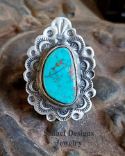  Schaef Designs Pilot Mountain Turquoise & Stamped Sterling Silver Southwestern Adjustable Ring | Arizona