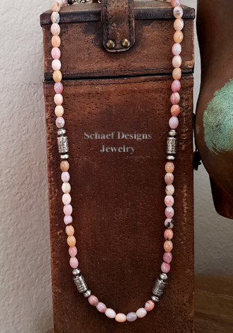 Sterling Silver & pink peruvian opal Southwestern tube & bench bead necklace | Schaef Designs Southwestern basics collection | Arizona 