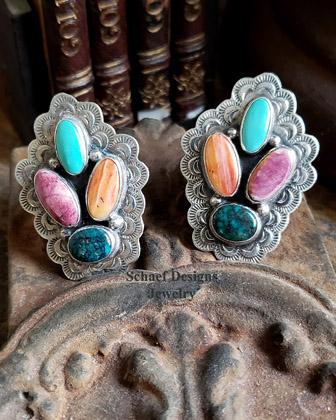 Platero Spiny Oyster shell & turquoise clip Earrings | Schaef Designs | New Mexico 
