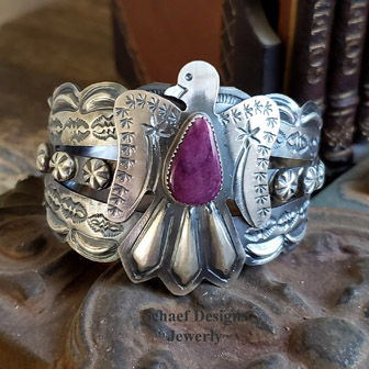 Purple Spiny Oyster Shell & Stamped sterling silver Tim Yazzie Cuff Bracelet | Schaef Designs | Arizona
