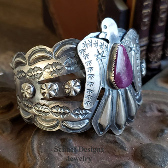 Purple Spiny Oyster Shell & Stamped sterling silver Tim Yazzie Cuff Bracelet | Schaef Designs | Arizona