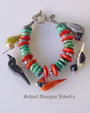 Schaef Designs Southwestern hubei turquoise, apple coral sterling silver & Matt Mitchell bird fetishes stacking bracelet | upscale Native American, Southwestern, turquoise, totem animal, equine, bridle rosette jewelry | online artisan handcrafted jewelry gallery | New Mexico