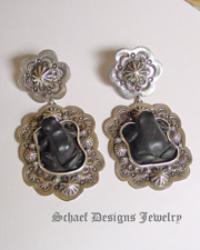  Schaef Designs Black Jet Carved frog & sterling silver dangle post earrings by Gary G | totem animal jewelry | Vintage Collection | Native American Jewelry  | online upscale native american & southwestern jewelry boutique gallery| Schaef Designs Southwestern turquoise Jewelry | New Mexico 