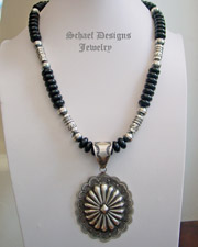 Schaef Designs Carico Lake black onyx & Oxidized Sterling Silver Navajo Pearl long Southwestern necklace | New Mexico  