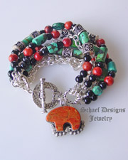 Schaef Designs chrysocolla, coral, onyx & sterling silver chain 7 strand bracelet with Rocki Gorman bear charm | Upscale online Southwestern, Equine, & Native American Jewelry Gallery Boutique | Schaef Designs artisan handcrafted Jewelry |New Mexico 