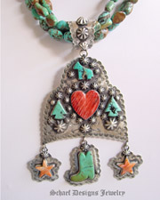  Schaef Designs Spiny heart & stars, turquoise arrowheads,horse, boot & sterling silver pendant | Vintage Collection | Native American Jewelry  | online upscale native american & southwestern jewelry boutique gallery| Schaef Designs Southwestern turquoise Jewelry |New Mexico 