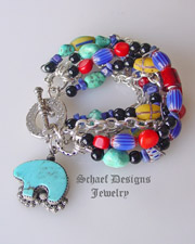 Schaef Designs lapis,turquoise, onyx, trade bead & sterling silver chain 7 strand bracelet with Rocki Gorman turquoise bear charm |  Upscale online Southwestern, Equine, & Native American Jewelry Gallery Boutique | Schaef Designs artisan handcrafted Jewelry | New Mexico