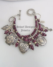 Schaef Designs purple spiny oyster shell and sterling silver 7 strand bracelet with Southwestern oyster shell heart charm by David Troutman | denim jewelry collection | Native American Jewelry  | online upscale native american & southwestern jewelry boutique gallery| Schaef Designs Southwestern turquoise Jewelry | New Mexico