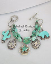 Schaef Designs white creek & royston turquoise & sterling silver 7 strand braclet with Rocki Gorman charm | Upscale online Southwestern, Equine, & Native American Jewelry Gallery Boutique | Schaef Designs artisan handcrafted Jewelry | New Mexico 
