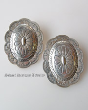 Sterling silver large concho post Earrings | Upscale online Native American, Southwestern, Turquoise, & Equine Jewelry gallery boutique | Schaef Designs Southwestern Jewelry | New Mexico 