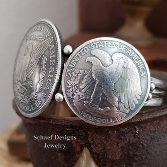 Old Coin Jewelry Silver Dollar Half Dollar Native American Handcrafted Cuff Bracelet | Arizona 