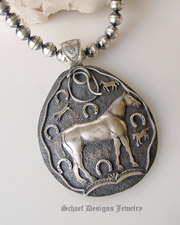 Large Larry Martinez Chavez artist signed 2 sided horse rope & horseshoe pendant on 10mm vintage oxidized bench bead necklace | Schaef Designs artisan handcrafted Southwestern, Native American & Equine Jewelry | Online upscale southwestern equine jewelry boutique gallery | New Mexico 