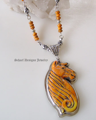 Francisco Gomez Carved Spiny Oyster Shell Horse Pendant | Spiny Oyster Shell Inlaid Beads and Sterling Silver Chain Necklace with Inlaid Toggle | online upscale equine jewelry boutique | Schaef Designs Southwestern Jewelry | San Diego CA 