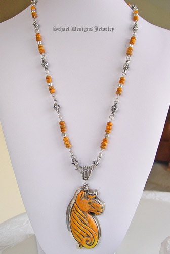 Francisco Gomez Carved Spiny Oyster Shell Horse Pendant | Spiny Oyster Shell Inlaid Beads and Sterling Silver Chain Necklace with Inlaid Toggle | online upscale equine jewelry boutique | Schaef Designs Southwestern Jewelry | San Diego CA  