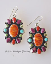  Artist signed native american Orange spiny oyster shell multi cluster & Sterling silver dangles french wire earrings | Collectible Native American Turquoise online Jewelry gallery | Schaef Designs Collectible artisan handcrafted Southwestern & Equine Jewelry | New Mexico 