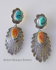 Old pawn Blue Turquoise & orange spiny oyster shell & Stamped Sterling Silver POST Earrings | Native American Turquoise Jewelry | Schaef Designs Collectible artisan handcrafted Southwestern & Equine Jewelry | New Mexico