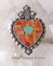 Artist signed DM Orange Spiny Oyster shell & turquoise & sterling silver heart mosaic inlaid heart pin pendant | online jewelry Southwestern Equine Jewelry gallery boutique| Schaef Designs Upscale Southwestern Native American Jewelry | New Mexico