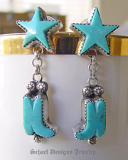  Artist signed Rocki Gorman Gary G turquoise star & boot & sterling silver old santa fe style dangle earrings | Native American Turquoise online Jewelry Gallery | Schaef Designs Collectible artisan handcrafted Southwestern & Equine Jewelry | New Mexico 